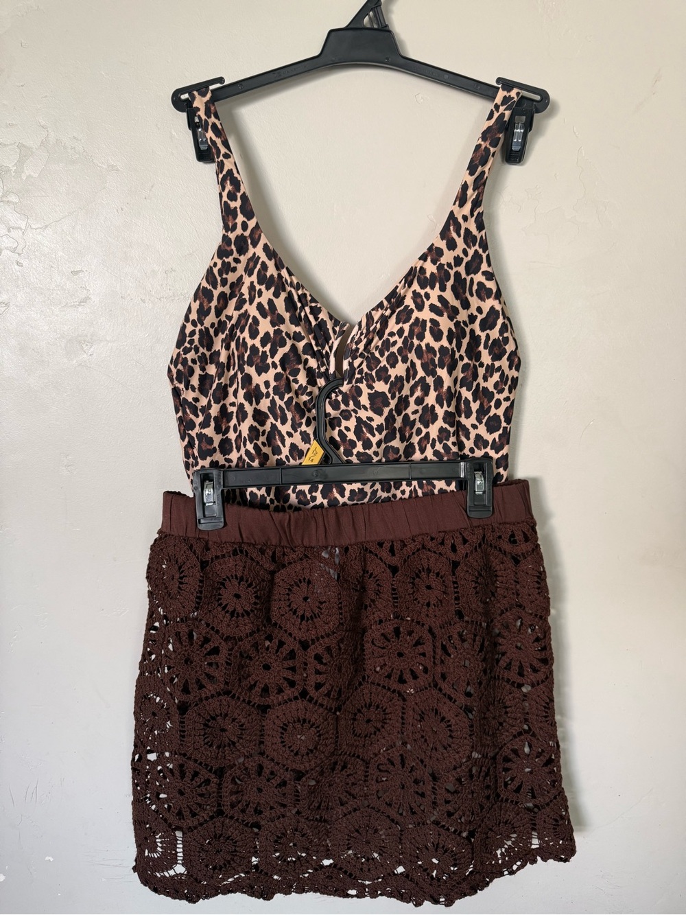 Leopard Print V-Neck Tank with Crochet Brown Mini Skirt bando